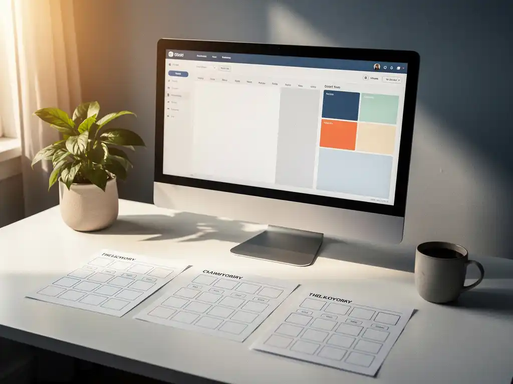 Digitaal planningsdashboard op monitor naast uitgeprinte weekroosters, koffiemok en plant op wit bureau in warm natuurlijk licht.