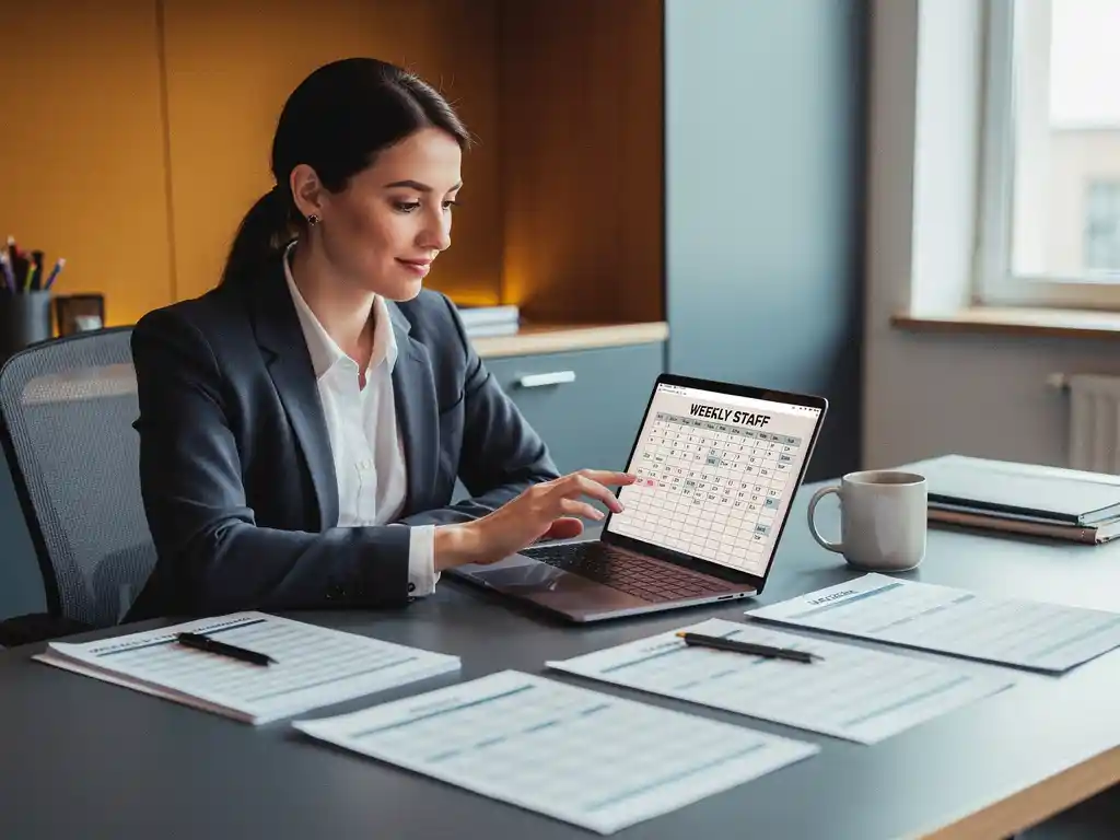 HR-manager bekijkt weekrooster op laptop, omringd door afgedrukte dienstroosters en koffiemok op modern bureau.
