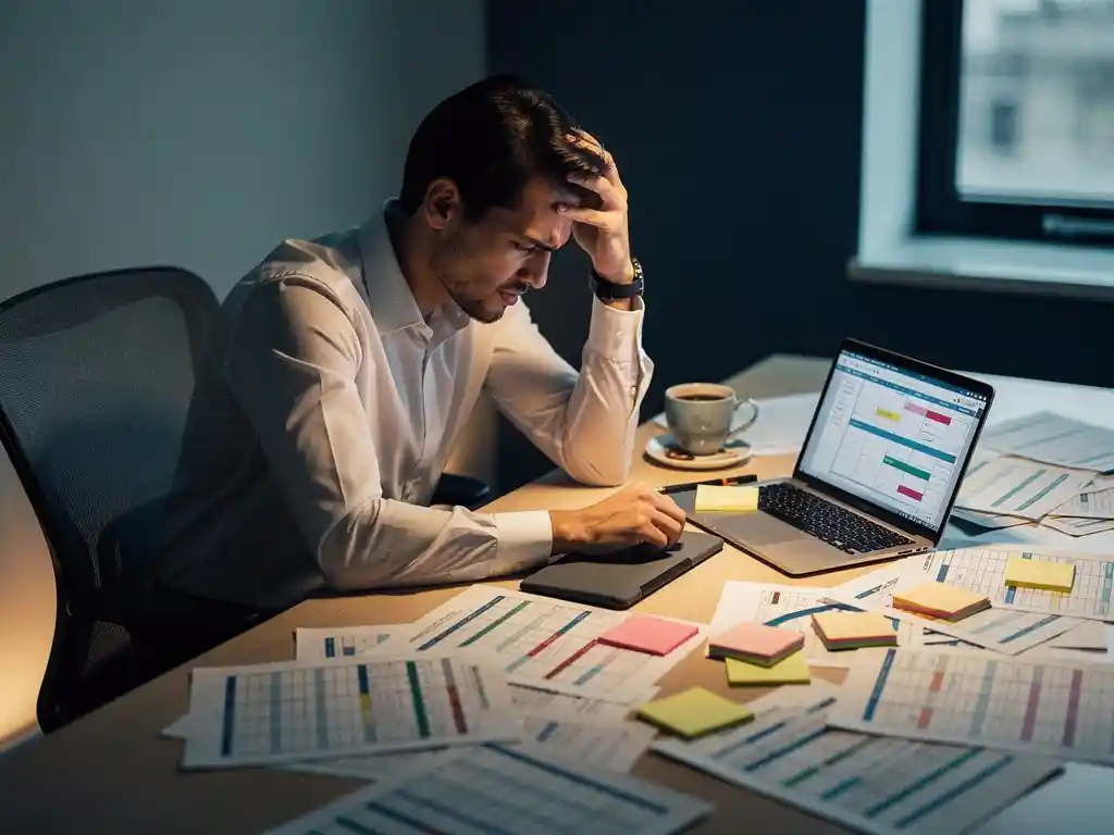 HR-planner achter rommelig bureau met verspreide roosters, plakbriefjes en laptop met personeelsplanning, gefrustreerde uitdrukking, natuurlijk raamlicht.
