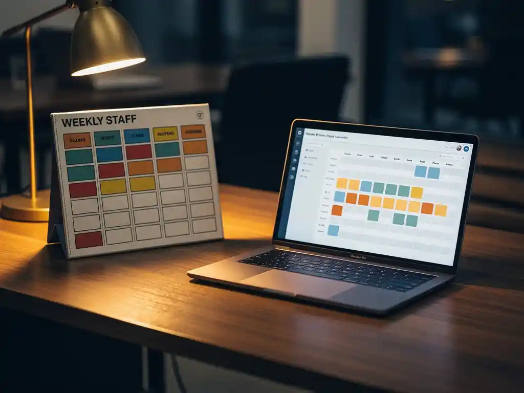 Bureau met weekrooster waarop lege dienstvakjes zichtbaar zijn, terwijl een laptop AI-roostersuggesties toont bij amberkleurig bureaulampje.