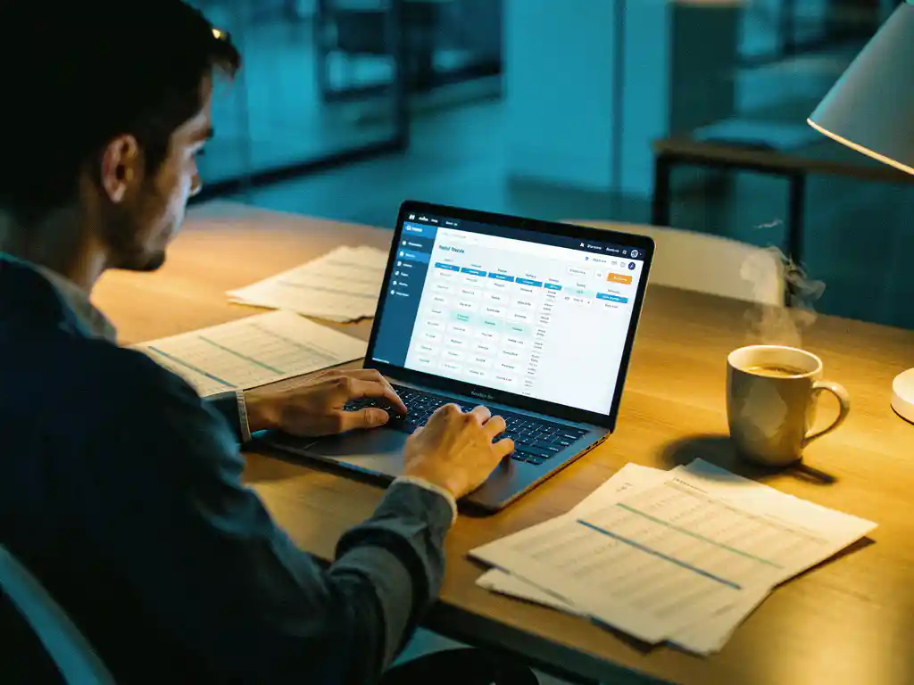 Workforce planner bekijkt een verlicht planningsdashboard op laptop, omringd door dienstroosters en koffie op modern bureau.