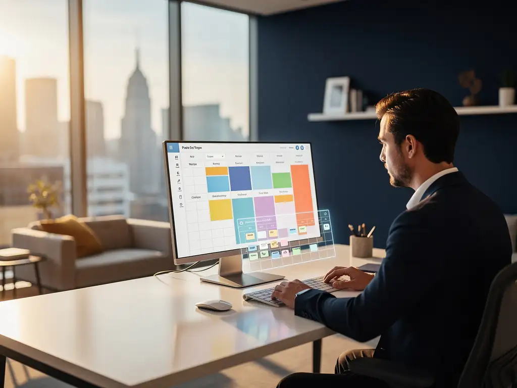 Workforce planner bekijkt digitaal roosterdashboard op modern scherm, kantoor met stadspanorama en goudkleurig ochtendlicht.