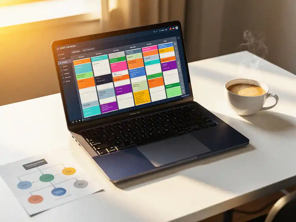 Laptop met kleurgecodeerd personeelsrooster op modern bureau, naast organisatieschema en dampende koffie in warm ochtendlicht.