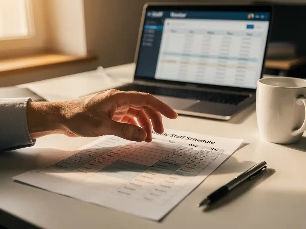 HR-planner wijst naar een gedrukt weekrooster op bureau, met laptop en koffiemok op de achtergrond.