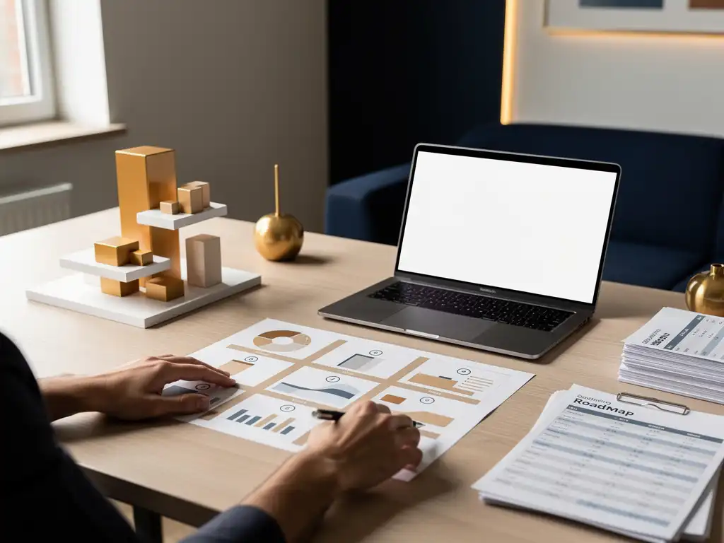 HR-professional bekijkt een achtenstappenplan voor personeelsplanning op een opgeruimd bureau met laptop en roosters in modern kantoor.