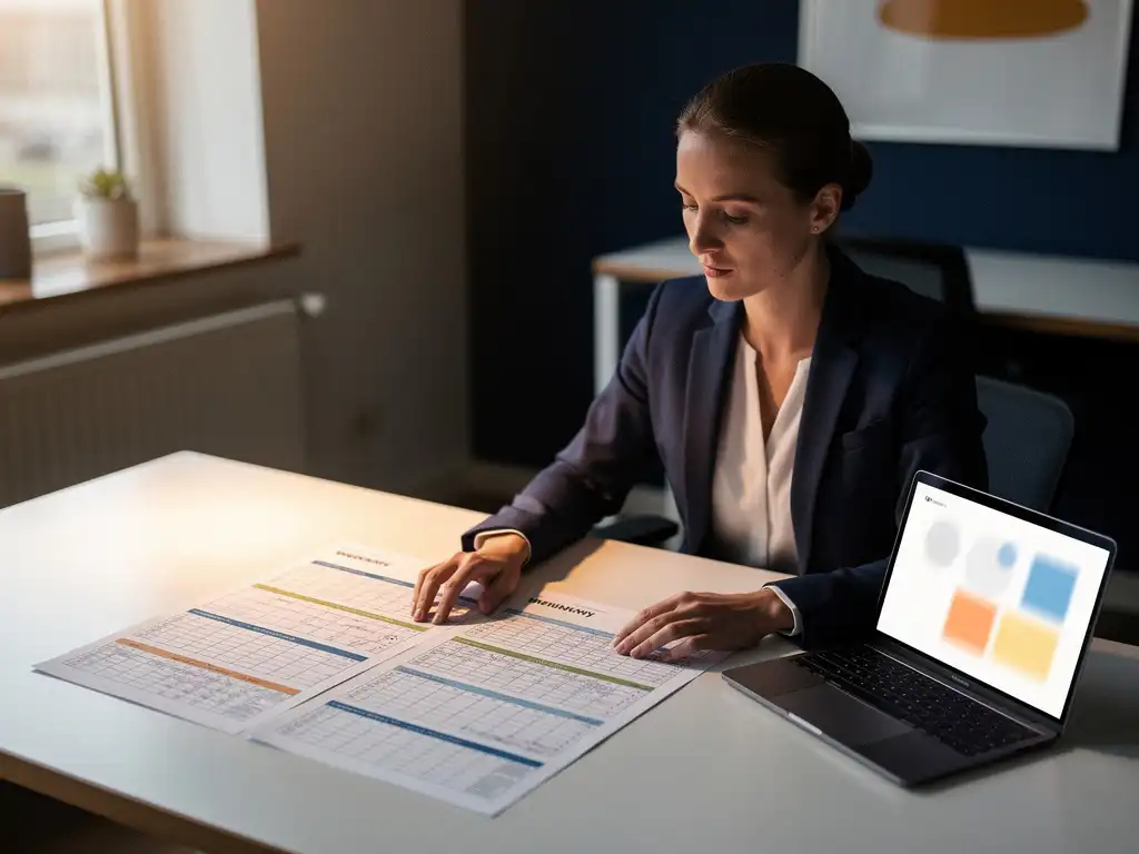 Personeelsplanner bestudeert wekelijks rooster op bureau naast laptop in modern Nederlands kantoor met natuurlijk zijlicht.
