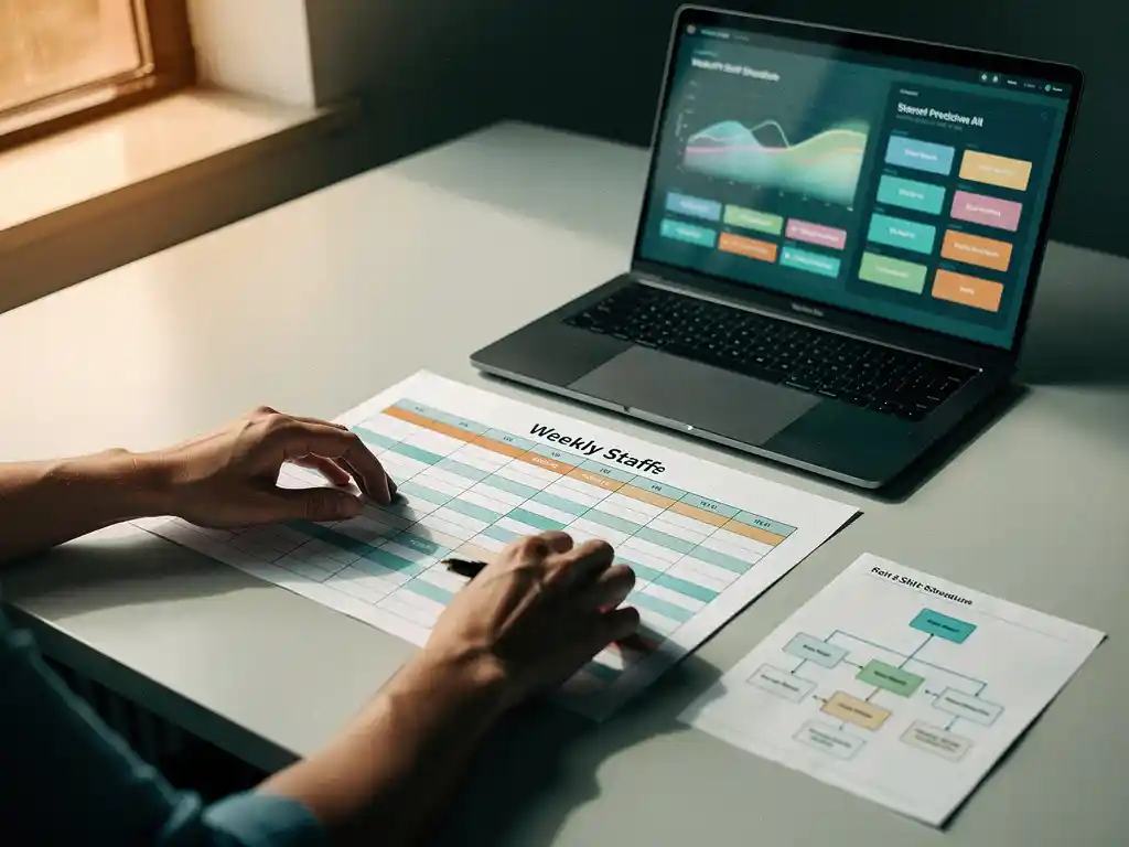 Consultant ordent wekelijks personeelsrooster op bureau naast laptop met AI-gestuurde dienstvoorspellingen, in warm teal-amberkleurig licht.