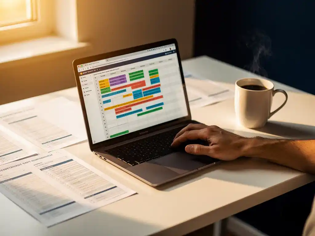 Consultant die een rooster beheert op laptop, omringd door afgedrukte dienstroosters en koffie op wit bureau in gouden avondlicht.