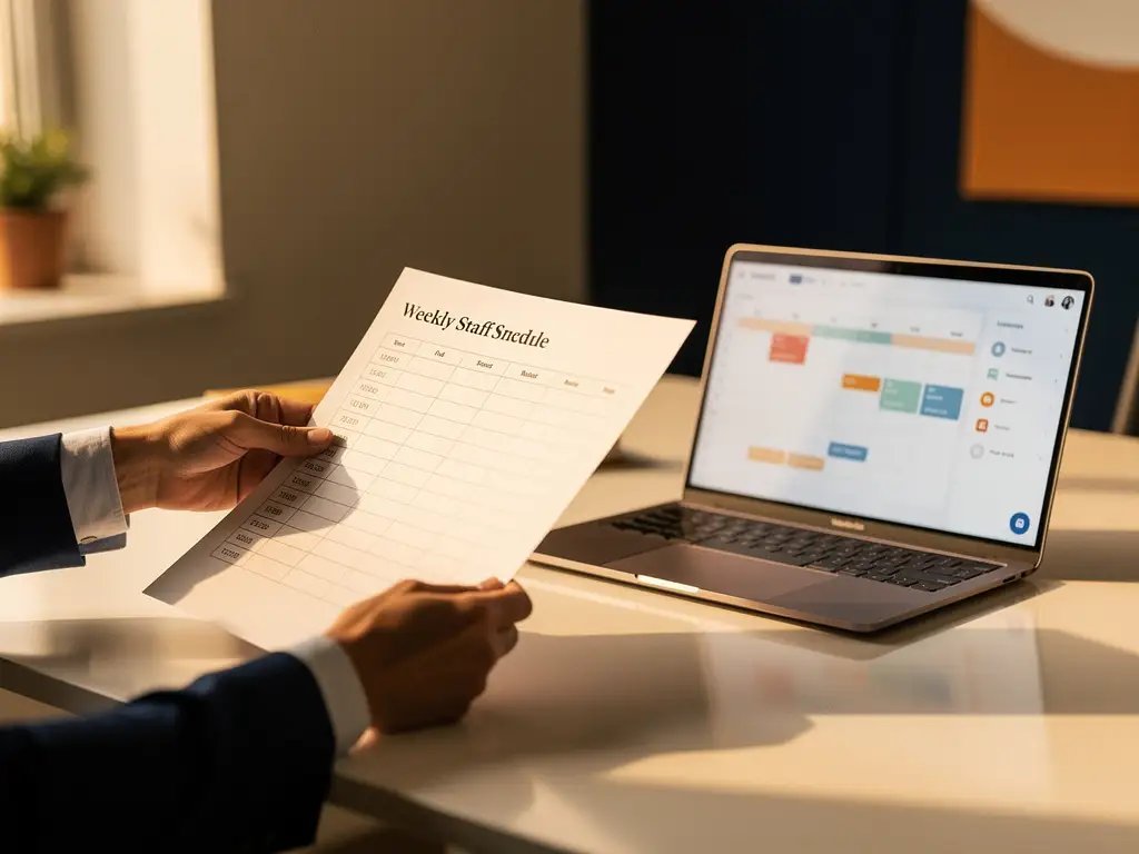 Consultant overhandigt geprinte weekplanning aan collega, met open laptop met roosterdashboard op een opgeruimd bureau in warm kantoorlicht.